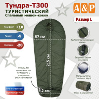 Спальный мешок туристический "Тундра - Т300". Размер L. Цвет: хаки.