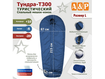 Спальный мешок туристический "Тундра - Т300". Размер L. Цвет: синий.